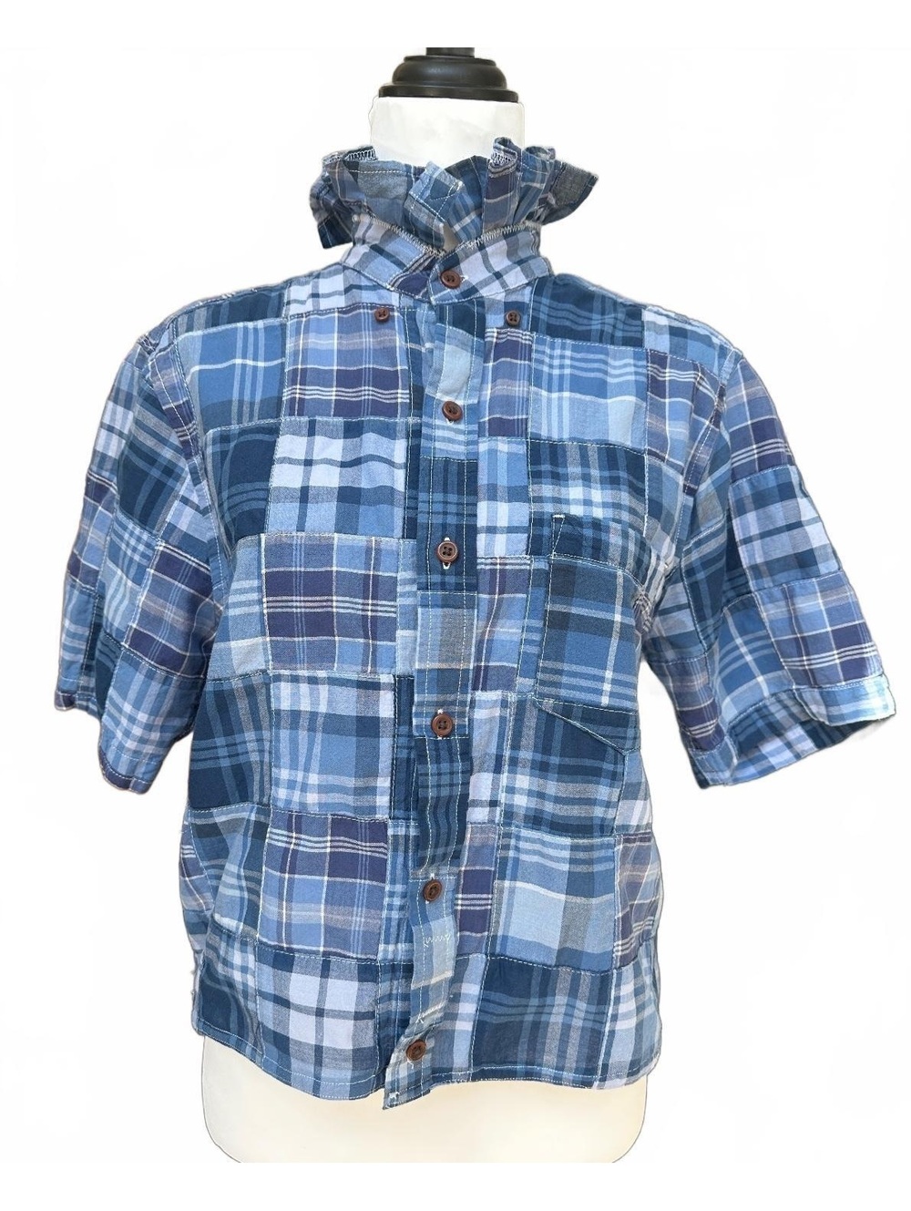 Upcycled Small Blue Plaid Short Sleeve Button-Up Shirt with Ruffle Collar